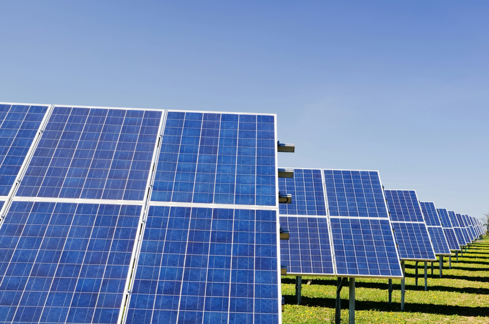 Solar panels in a green field